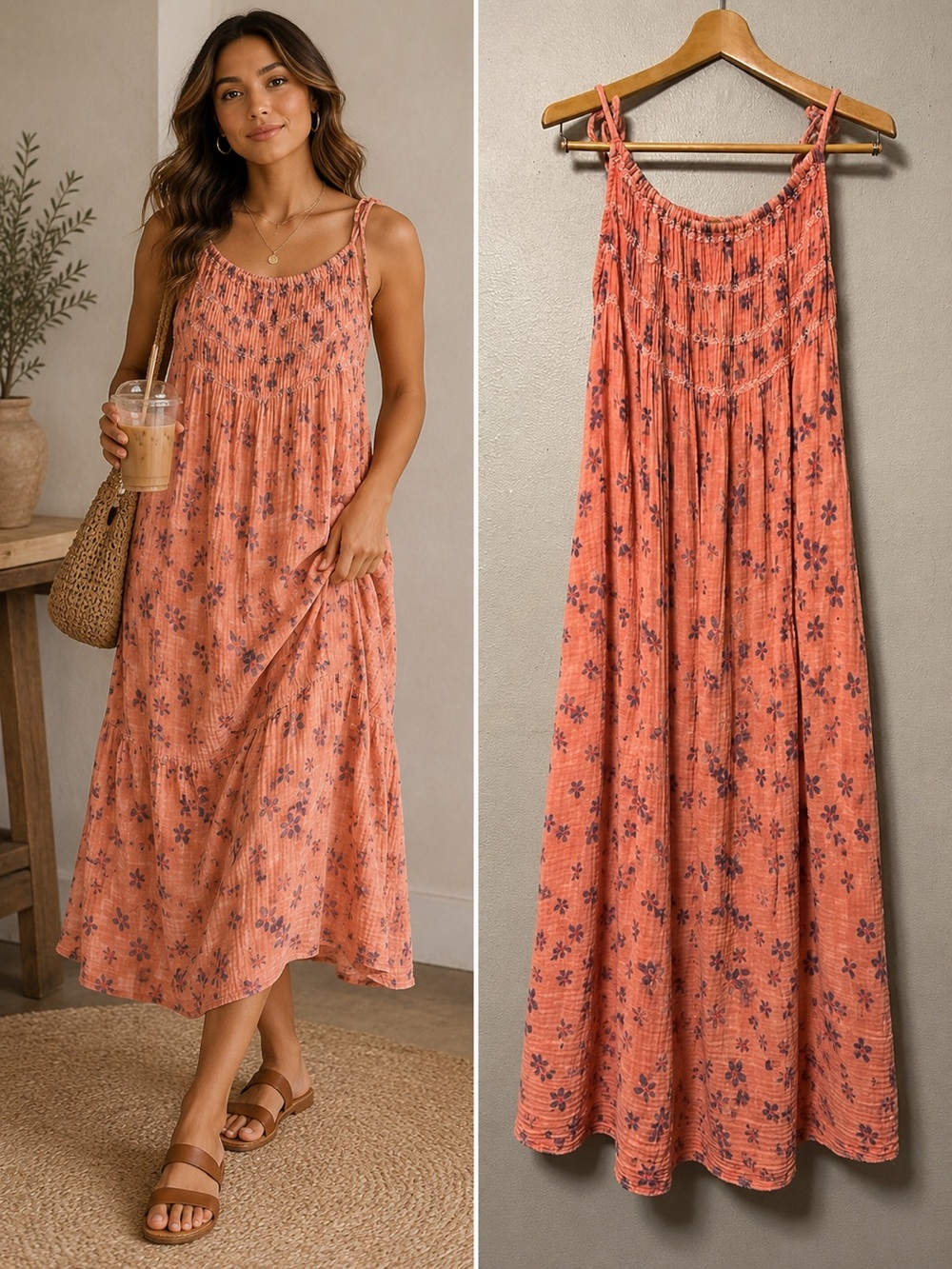 Free People Azure Tie Shoulder Floral Maxi Dress Smocked Orange Peach M Cruise